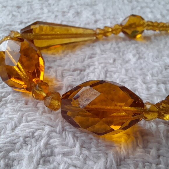 Vintage Yellow Amber Glass Bead Necklace Art Deco Choker Faceted 17.5" - Picture 7 of 14
